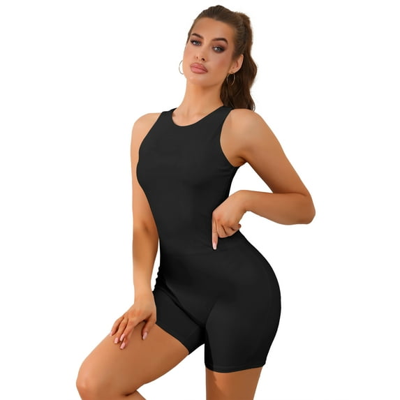 Unique Bargains Women's One Piece Short Playsuit Shapewear Workout Bodysuit Black L