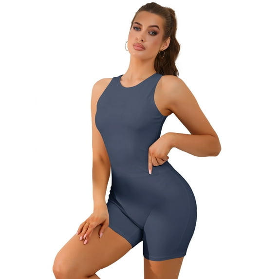 Unique Bargains Women's One Piece Short Playsuit Shapewear Workout Bodysuit Dark Blue S
