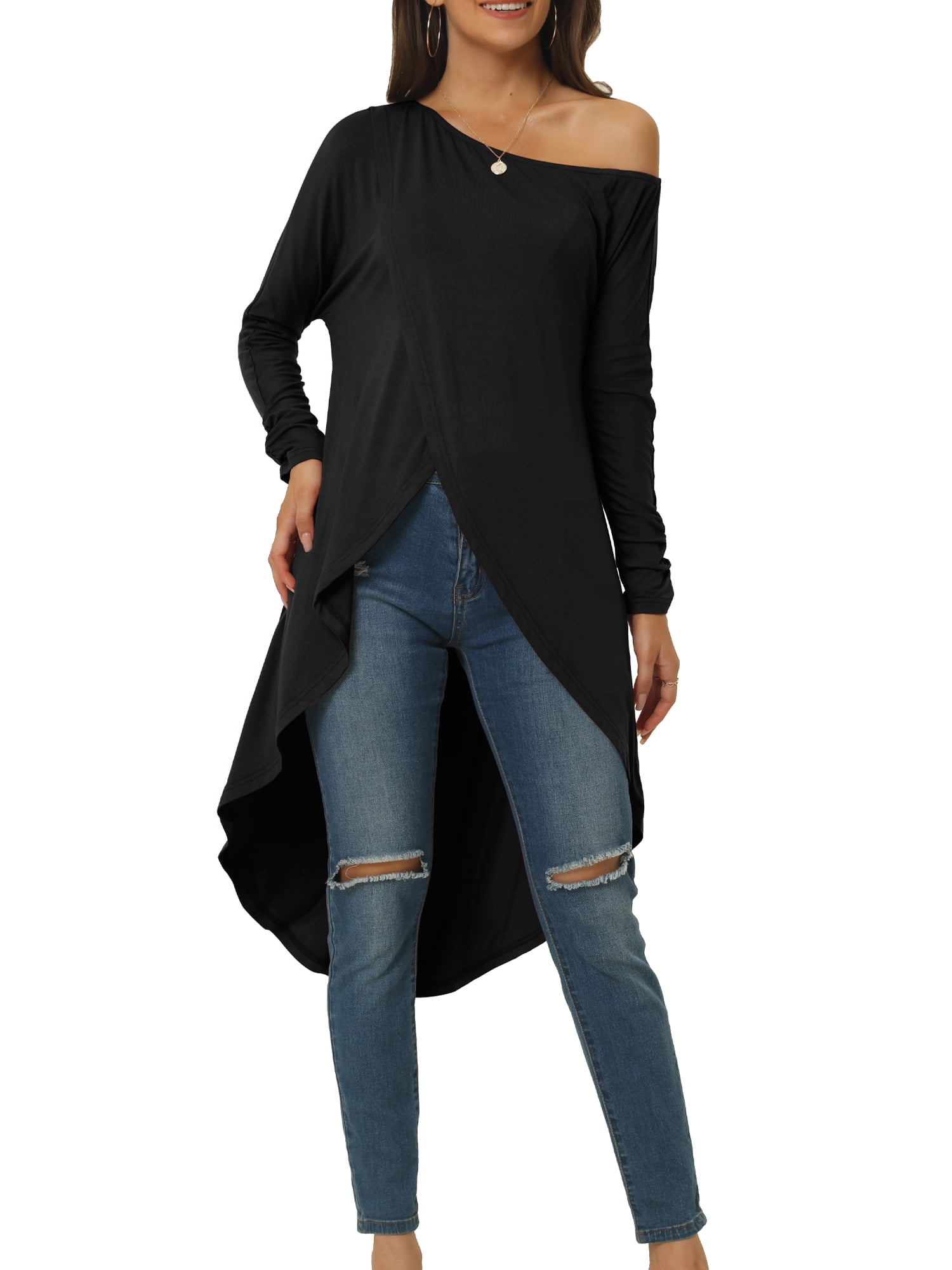 DARING DIVA One Shoulder High Low Irregular Hem Top S Black