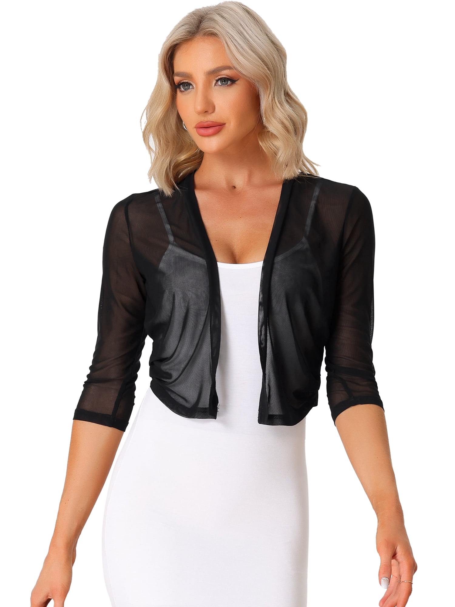DARING DIVA Elegant Women's 3/4 Sleeve Sheer Mesh Cardigan Dresses M Black
