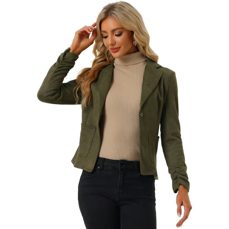 Unique Bargains Women s Long Sleeve Open Front Drawstring Faux Suede Suit Blazer L Olive Green Size Large