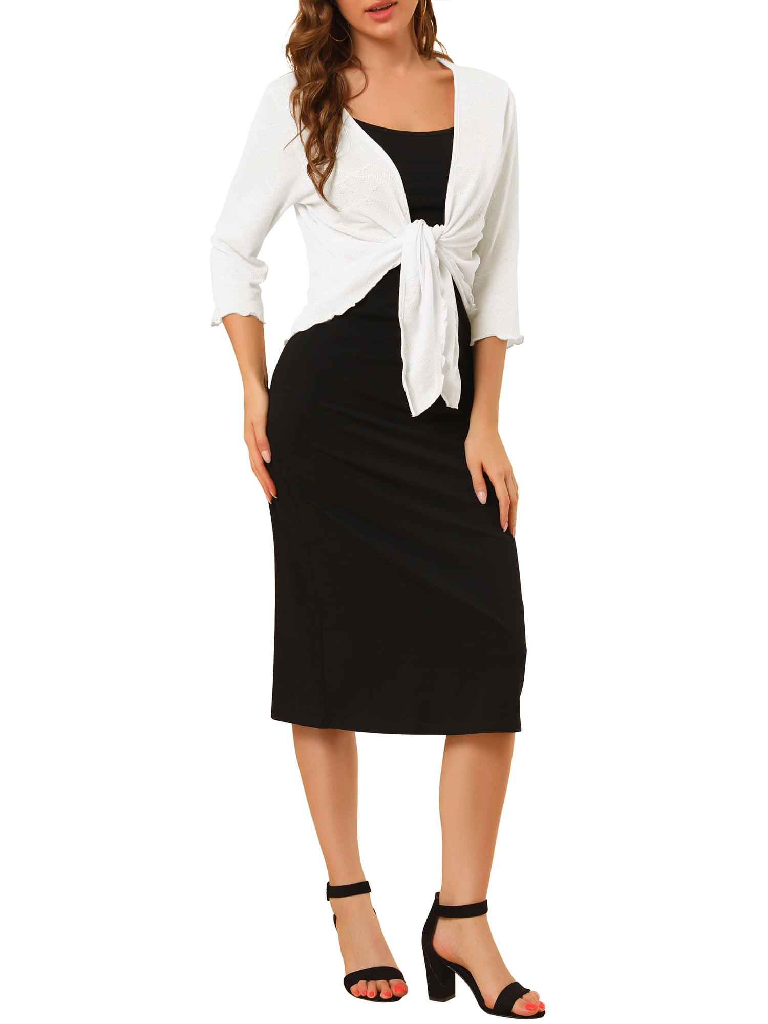 Unique Bargains Women's Open Front Knit Cardigan Tied Bolero Shrug L White