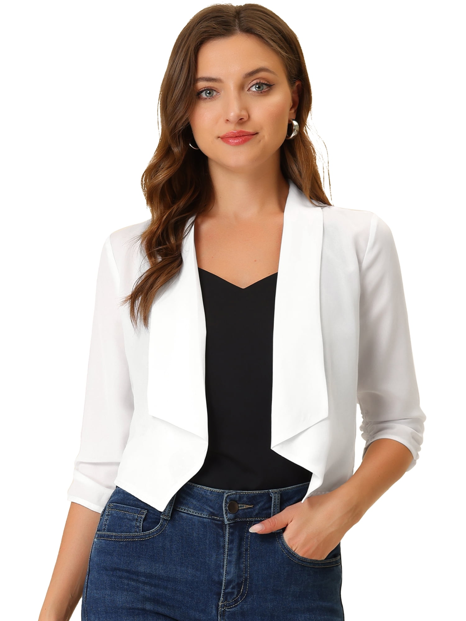 Unique Bargains Women's Chiffon Bolero Shrug Blazer 3/4 Ruched Sleeve Cardigans M White