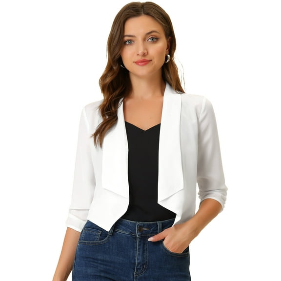 Unique Bargains Women's Chiffon Bolero Shrug Blazer 3/4 Ruched Sleeve Cardigans M White