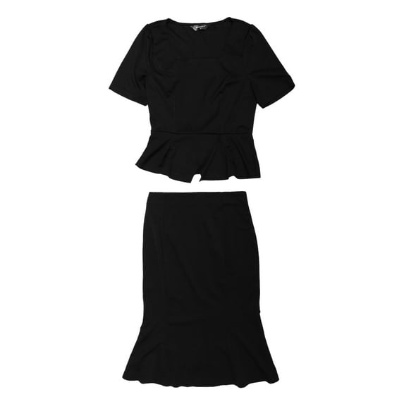 Unique Bargains Women's Outfit Square Neck Fishtail Bodycon Peplum Skirt Set M Black