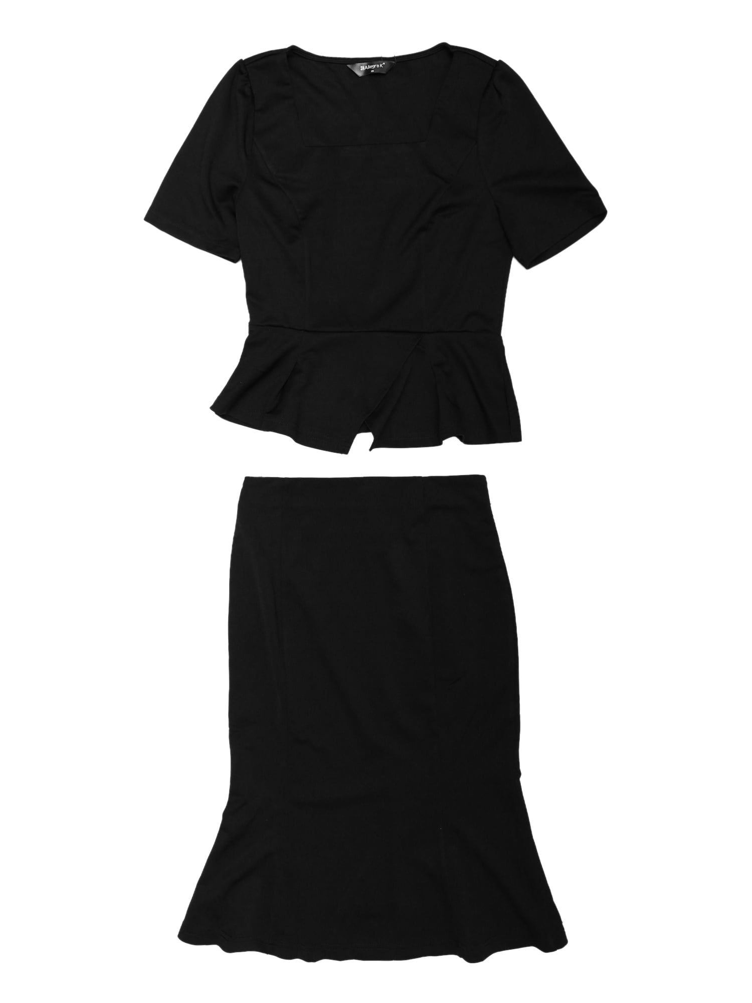 Unique Bargains Women's Outfit Square Neck Fishtail Bodycon Peplum Skirt Set XL Black