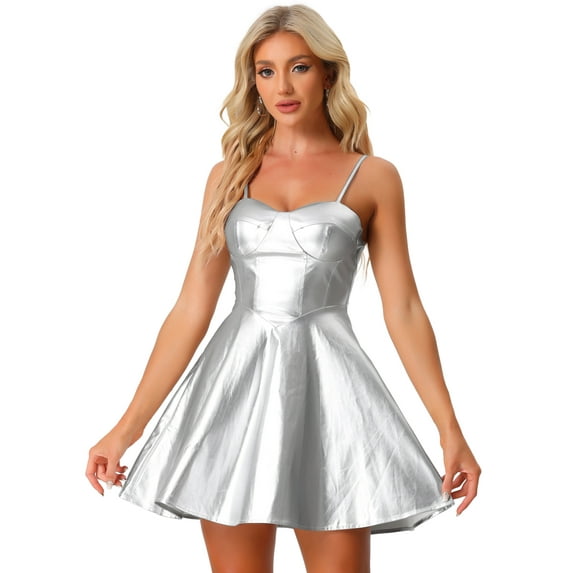 Unique Bargains Women's PU Spaghetti Strap Sweetheart Neckline A-line Dress XL Silver