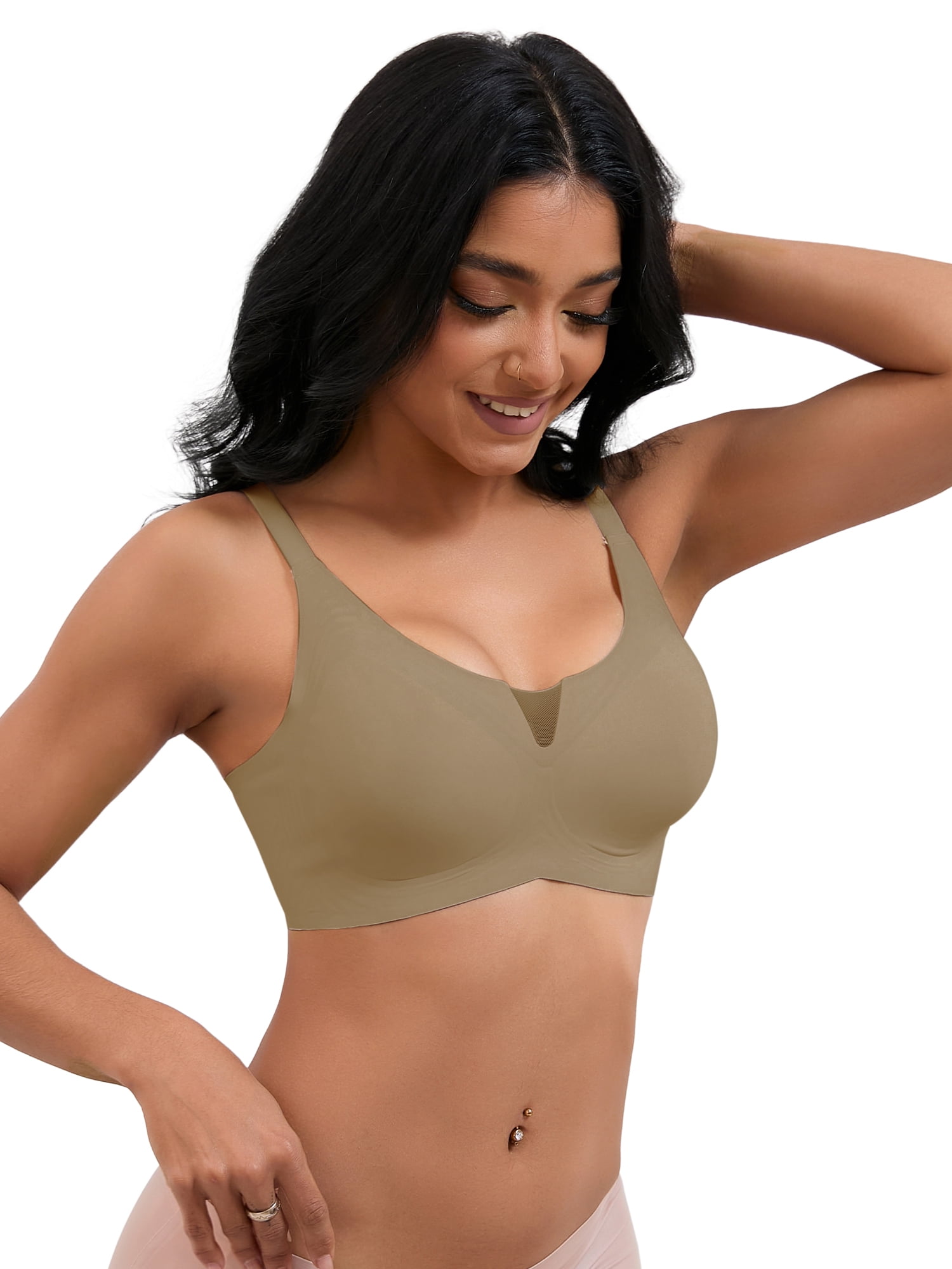 Unique Bargains Women's Padded Breathable Bras Push Up Mesh Wirefree Bras S Brown