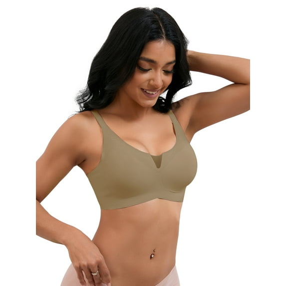 Unique Bargains Women's Padded Breathable Bras Push Up Mesh Wirefree Bras S Brown