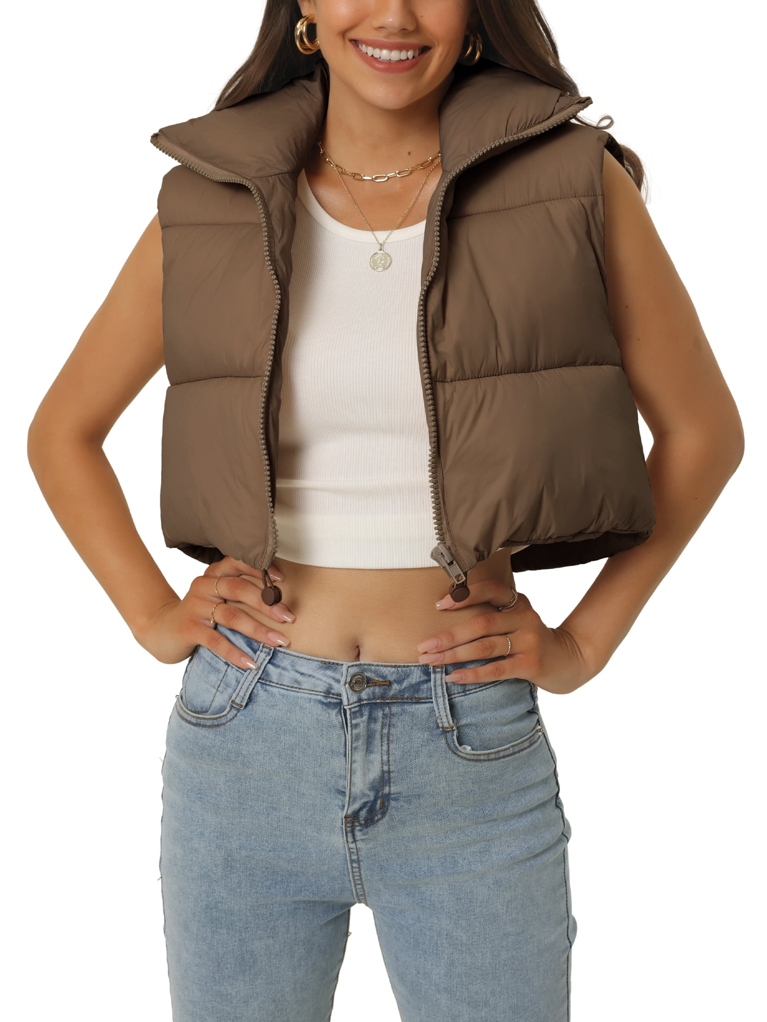 Unique Bargains Women's Padded Vest High Stand Collar Zip Crop Fashion Jacket Puffer Vests L Brown