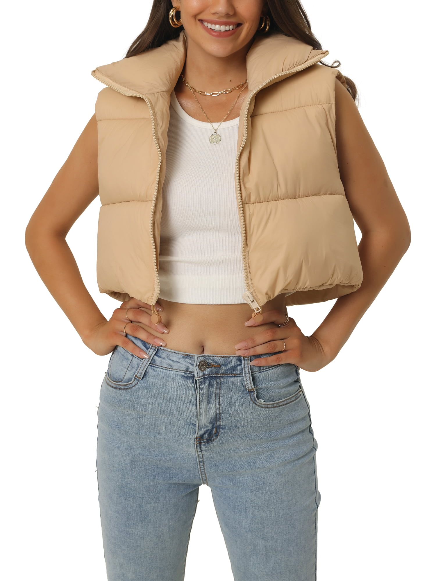 Unique Bargains Women's Padded Vest High Stand Collar Zip Crop Fashion Jacket Puffer Vests L Khaki