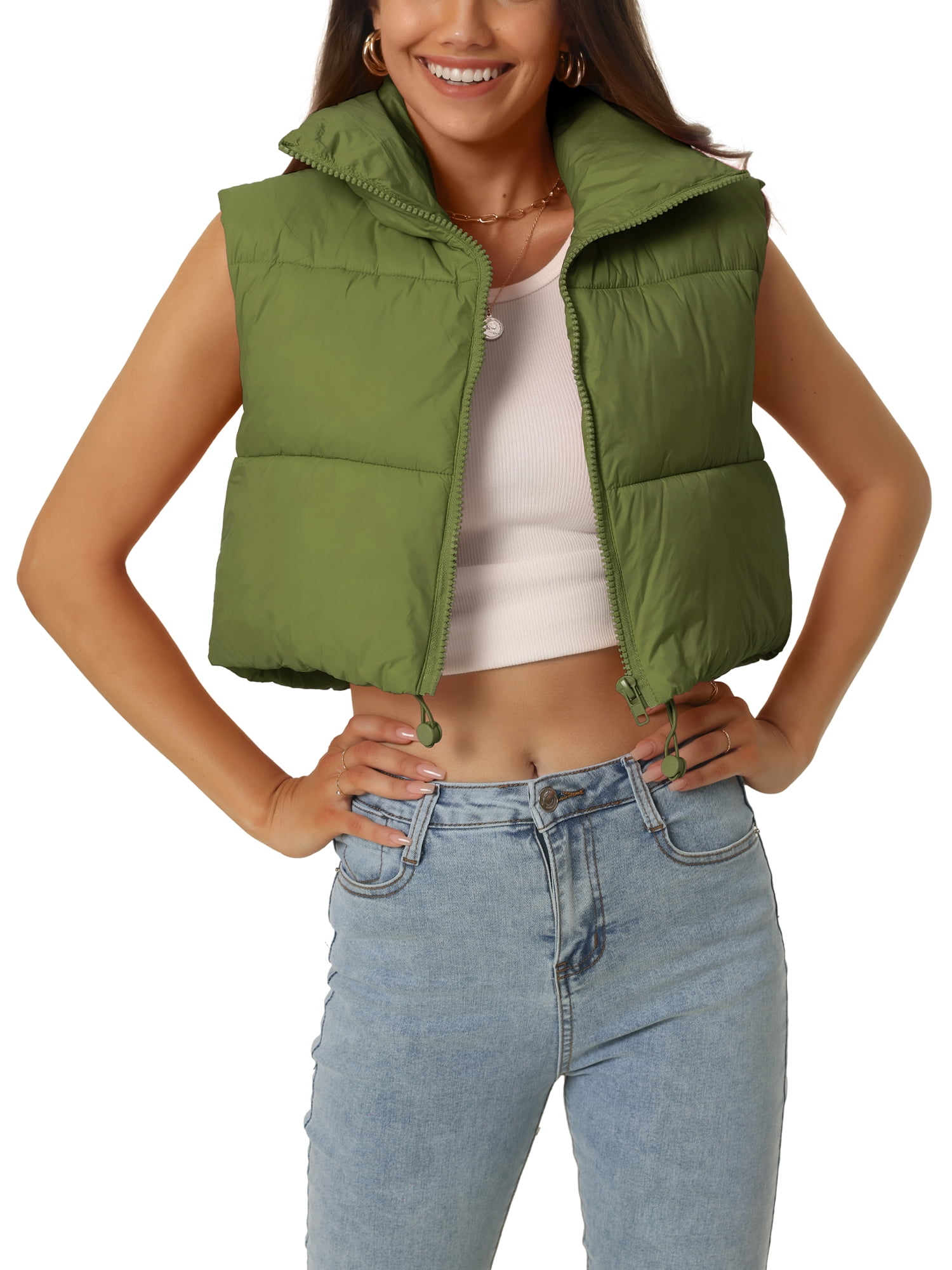 Unique Bargains Women's Padded Vest High Stand Collar Zip Crop Fashion Jacket Puffer Vests M Army Green