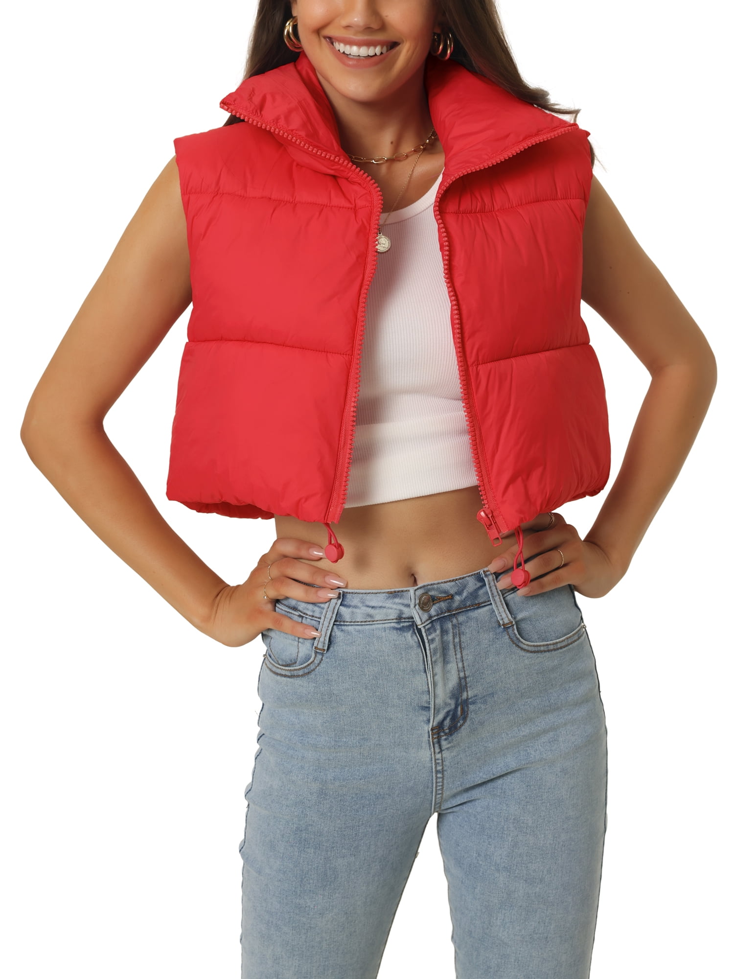 Unique Bargains Women's Padded Vest High Stand Collar Zip Crop Fashion Jacket Puffer Vests M Red