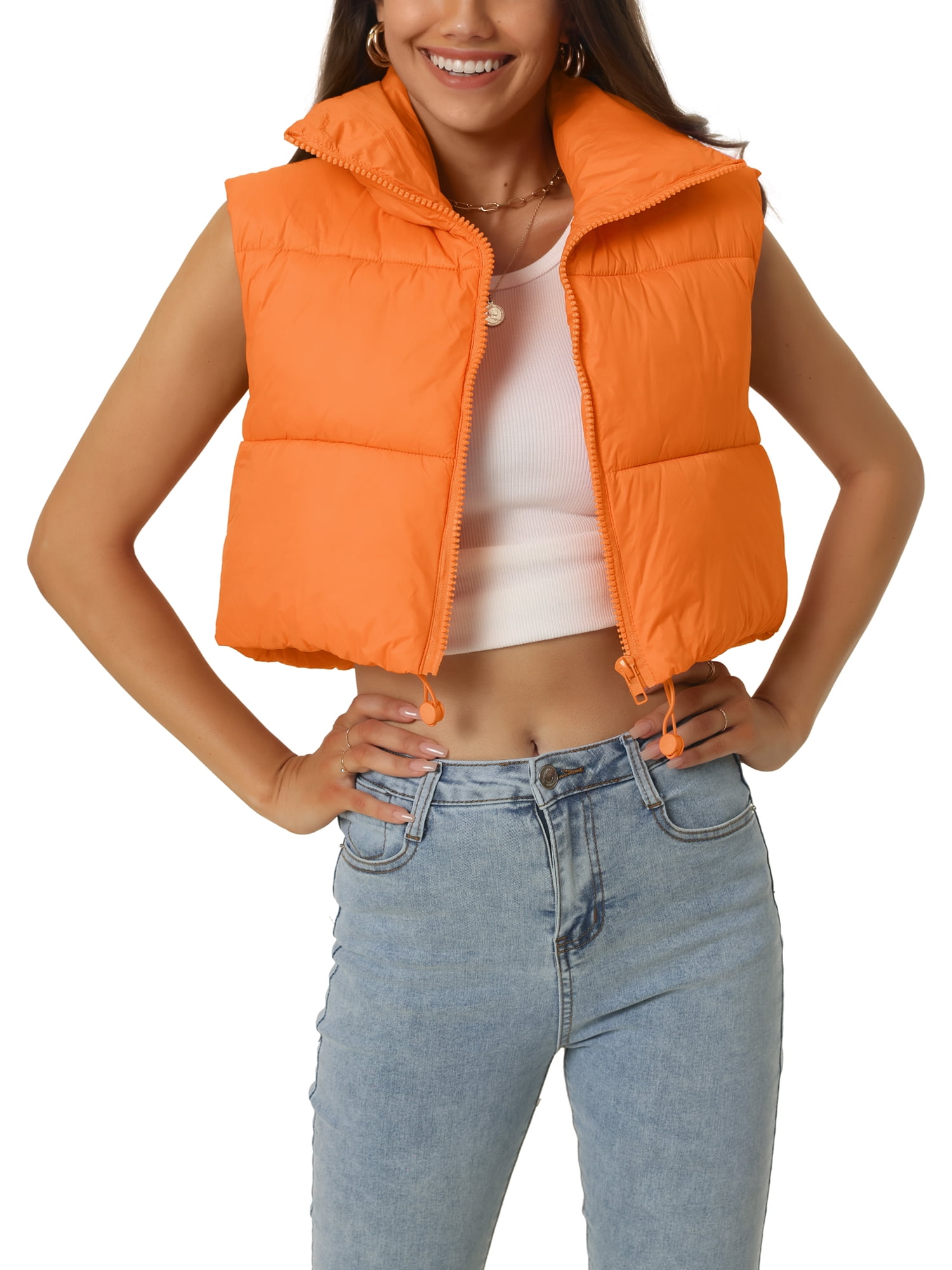 Unique Bargains Women's Padded Vest High Stand Collar Zip Crop Fashion Jacket Puffer Vests S Orange