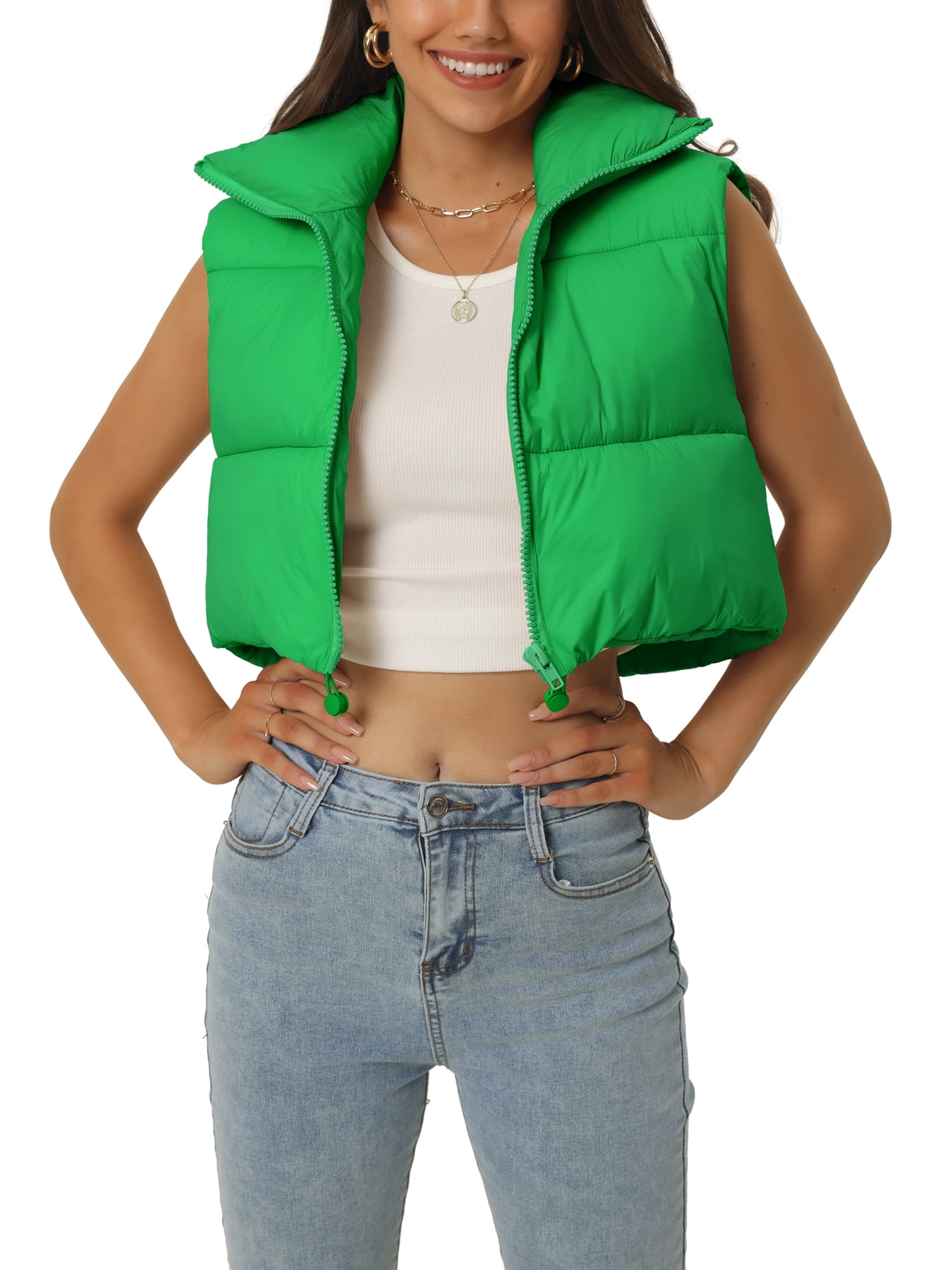 Unique Bargains Women's Padded Vest High Stand Collar Zip Crop Fashion Jacket Puffer Vests XL Green