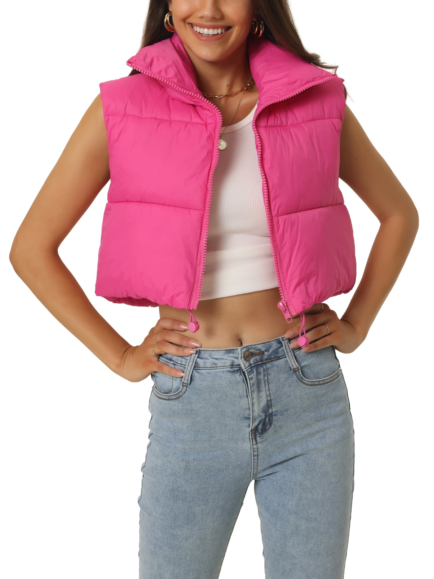 Unique Bargains Women's Padded Vest High Stand Collar Zip Crop Fashion Jacket Puffer Vests XL Hot Pink