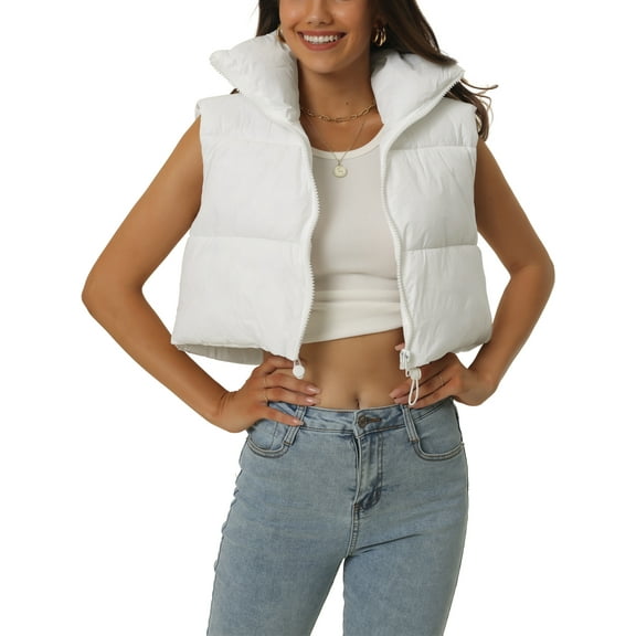 Unique Bargains Women's Padded Vest High Stand Collar Zip Crop Fashion Jacket Puffer Vests L White