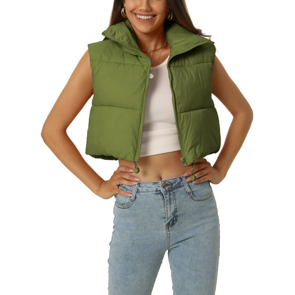 Unique Bargains Women's Padded Vest High Stand Collar Zip Crop Fashion Jacket Puffer Vests S Army Green
