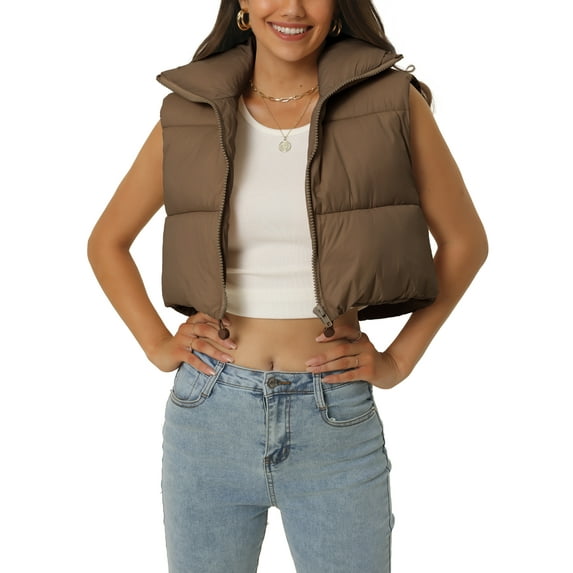 Unique Bargains Women's Padded Vest High Stand Collar Zip Crop Fashion Jacket Puffer Vests S Brown