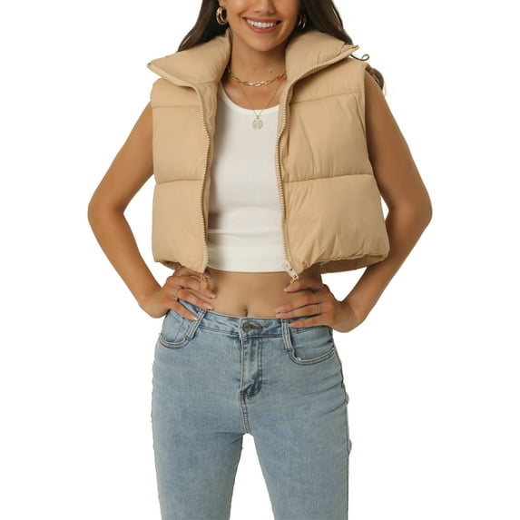 Unique Bargains Women's Padded Vest High Stand Collar Zip Crop Fashion Jacket Puffer Vests S Khaki