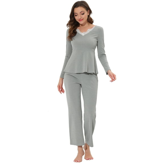 Unique Bargains Women's Pajama Knit with Lace Stretchy Nightwear Lounge Sleepwear Sets