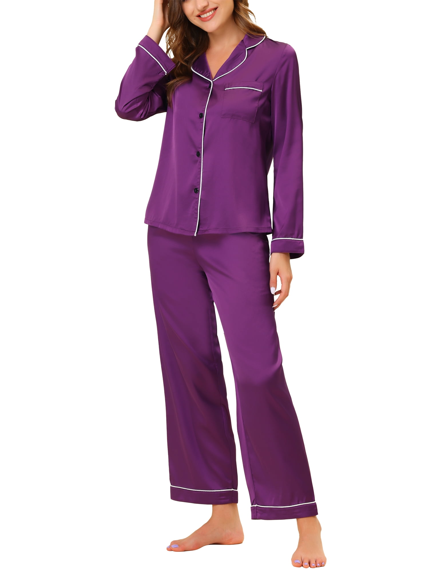 Unique Bargains Women's Pajama Loungewear Long Sleeves Tops and Pants Satin Sleepwear Sets