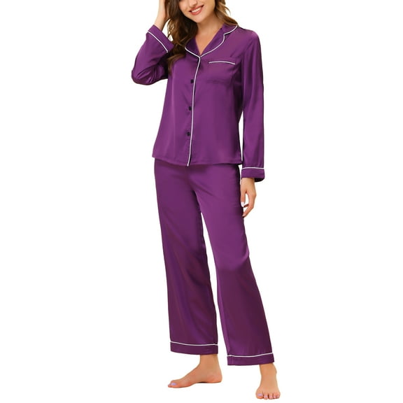Unique Bargains Women's Pajama Loungewear Long Sleeves Tops and Pants Satin Sleepwear Sets