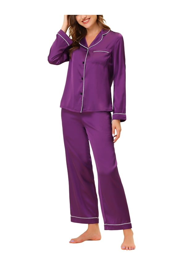 Women's Pajama Loungewear Long Sleeves Tops and Pants Satin Sleepwear Sets