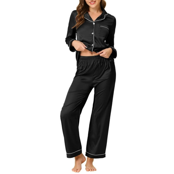 Unique Bargains Women's Pajama Loungewear Long Sleeves Tops and Pants Satin Sleepwear Sets