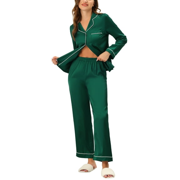 Unique Bargains Women's Pajama Loungewear Long Sleeves Tops and Pants Satin Sleepwear Sets