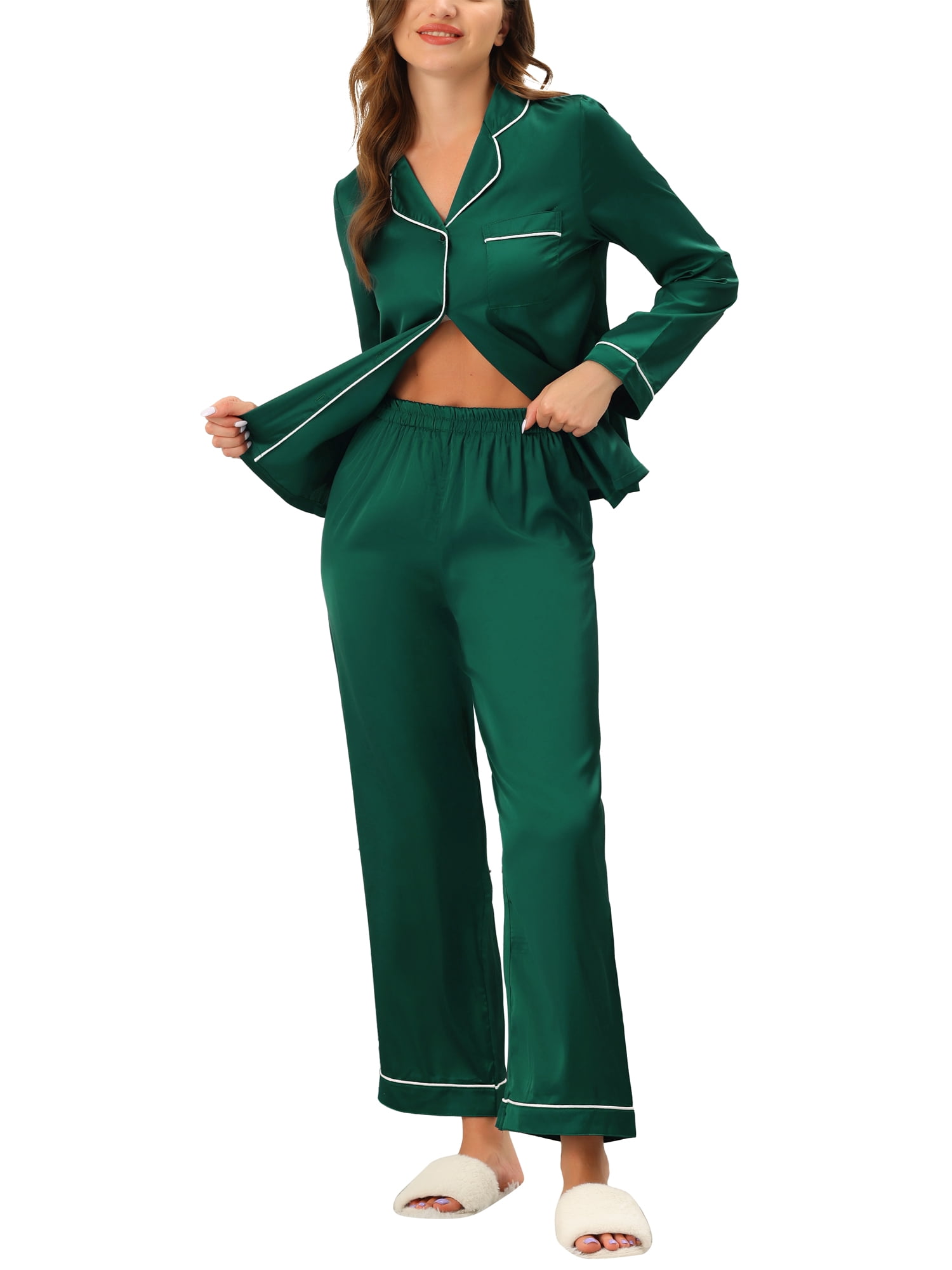 Unique Bargains Women's Pajama Loungewear Long Sleeves Tops and Pants Satin Sleepwear Sets