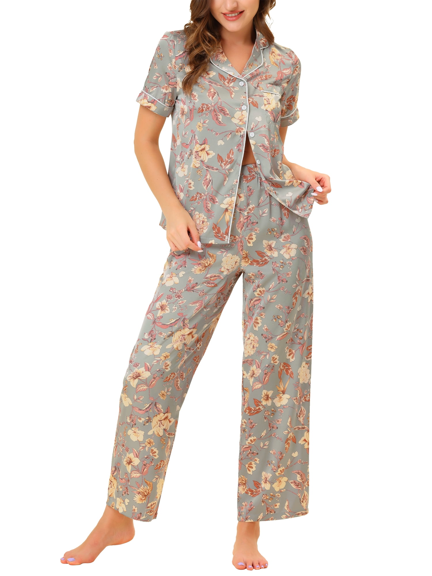 Unique Bargains Women's Pajama Set Silk Short Sleeves and Pants Floral Satin Sets