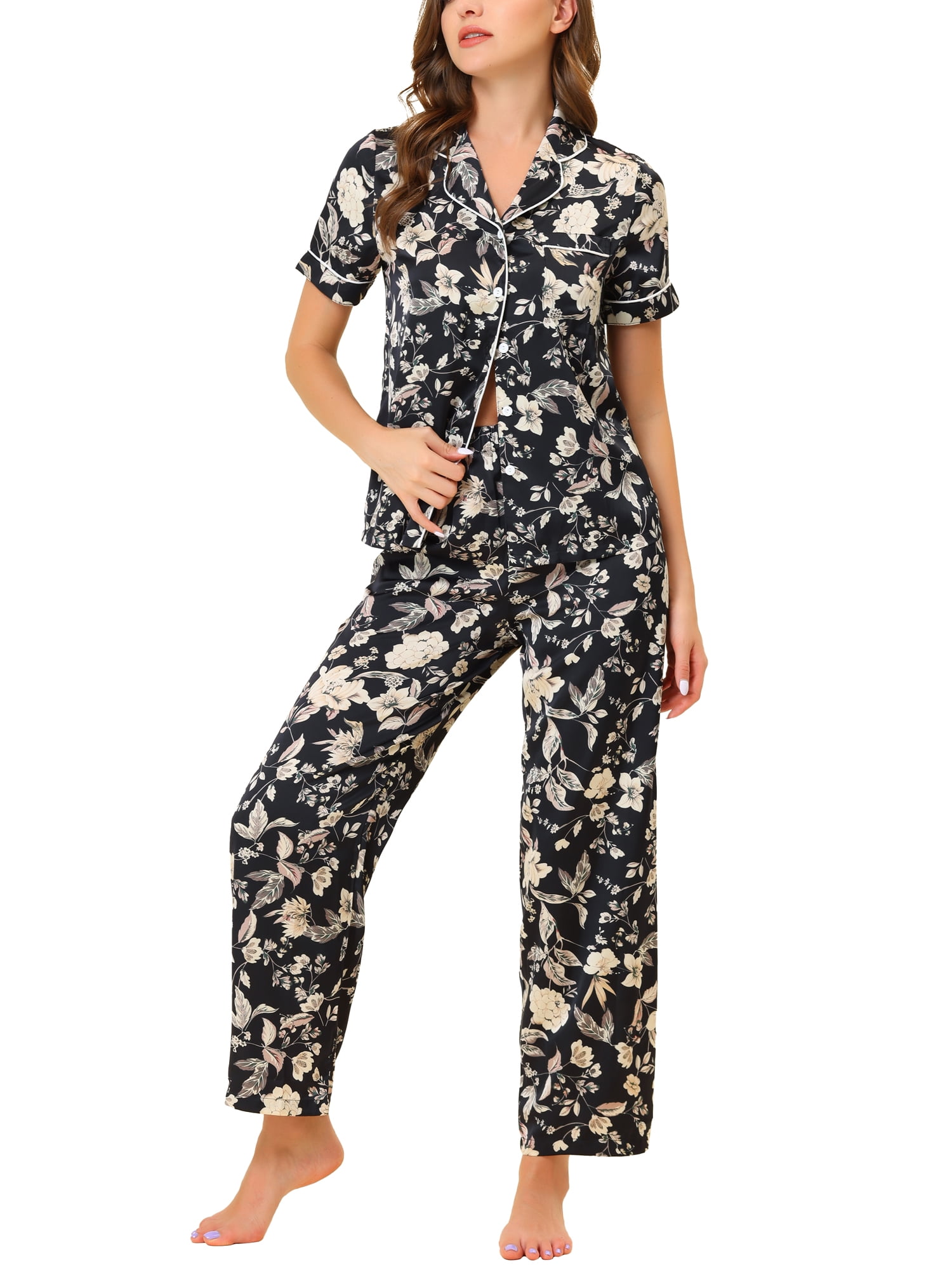 Unique Bargains Women's Pajama Set Silk Short Sleeves and Pants Floral Satin Sets