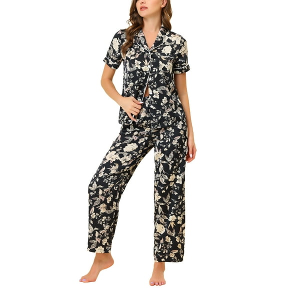 Unique Bargains Women's Pajama Set Silk Short Sleeves and Pants Floral Satin Sets
