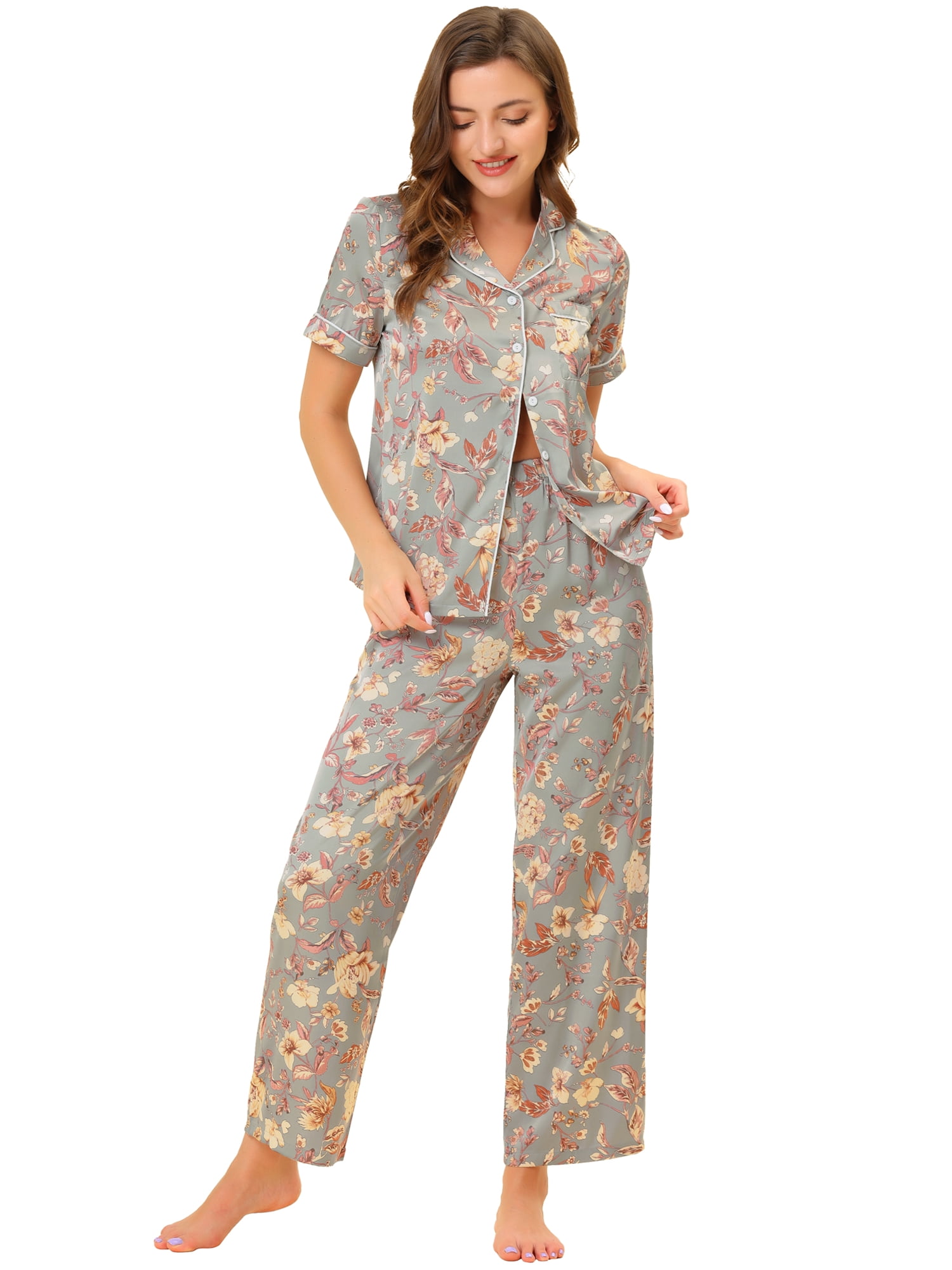 Unique Bargains Women's Pajama Set Silk Short Sleeves and Pants Floral Satin Sets