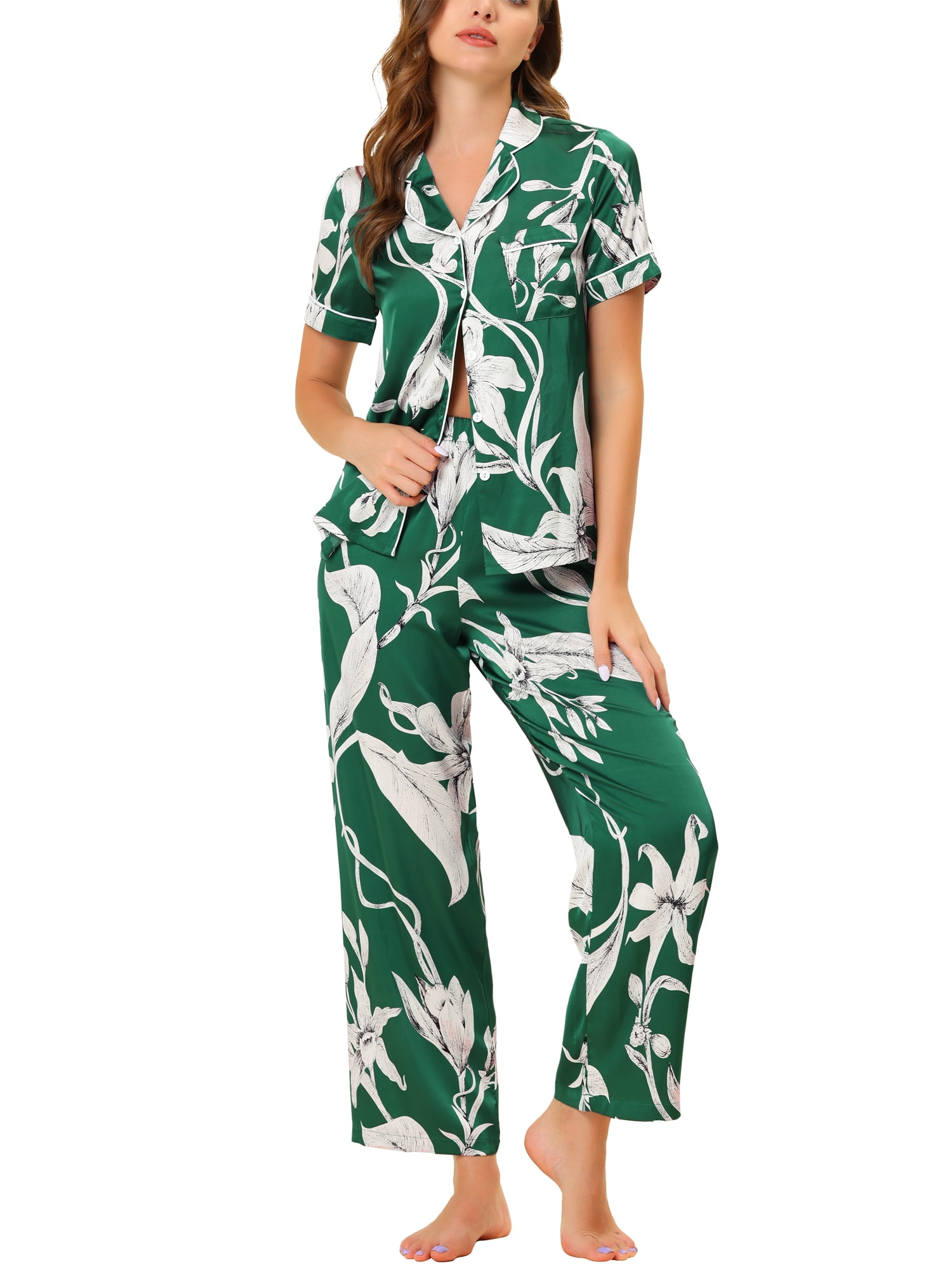 Unique Bargains Women s Pajama Set Silk Short Sleeves and Pants
