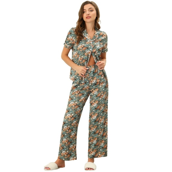 Unique Bargains Women's Pajama Set Silk Short Sleeves and Pants Floral Satin Sets