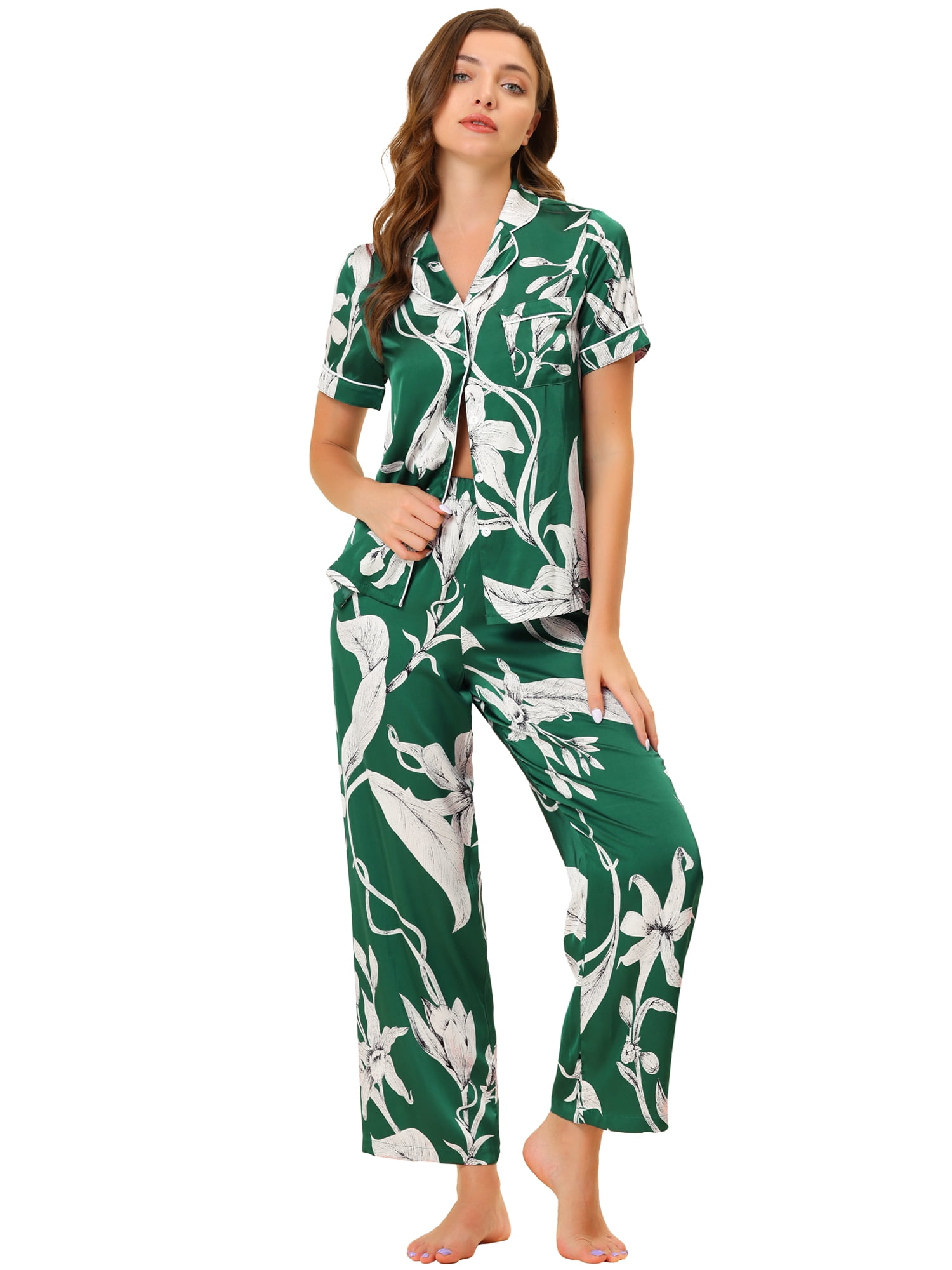 Unique Bargains Women's Pajama Set Silk Short Sleeves and Pants Floral Satin Sets