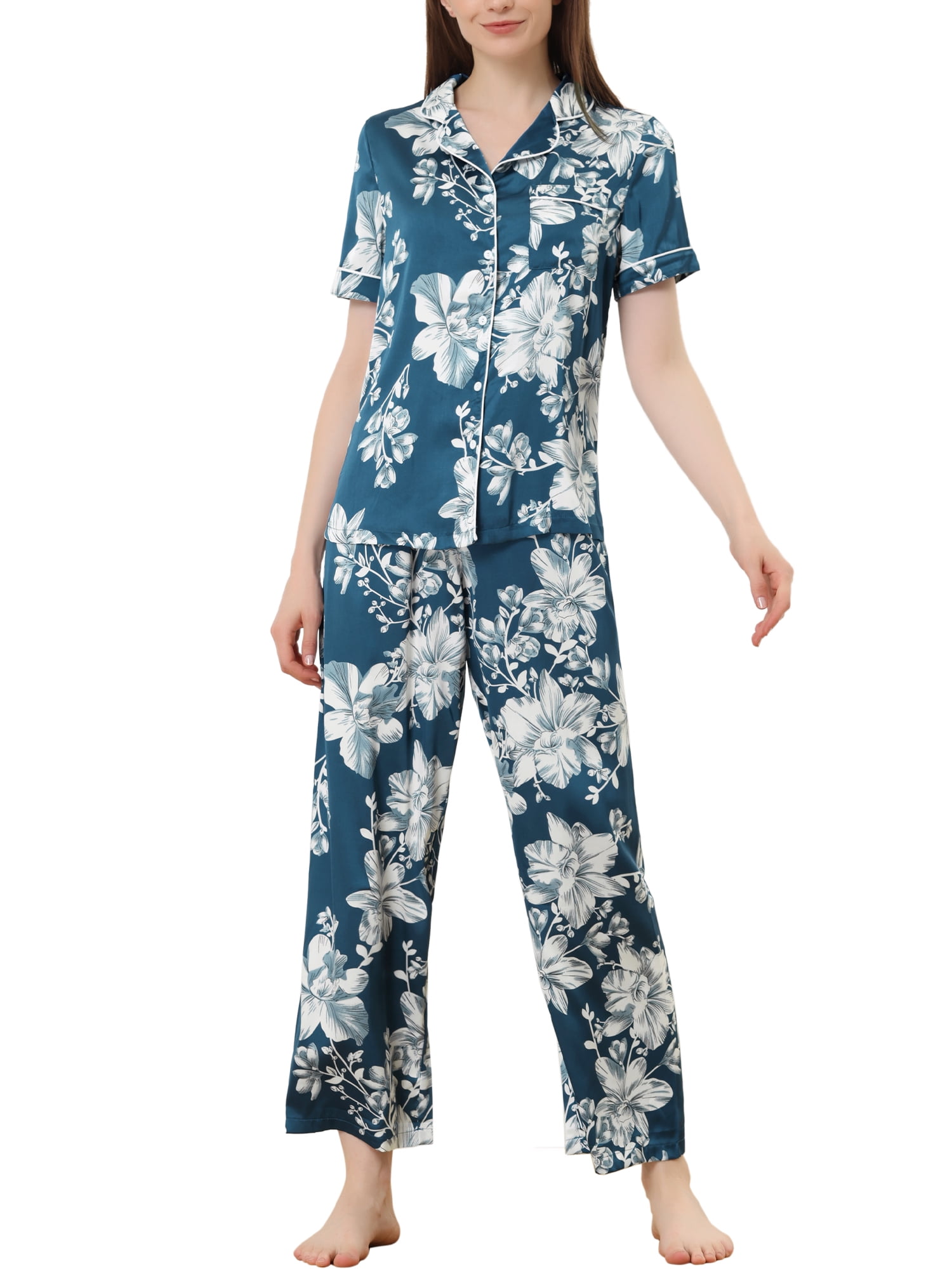 Unique Bargains Women's Pajama Set Silk Short Sleeves and Pants Floral Satin Sets