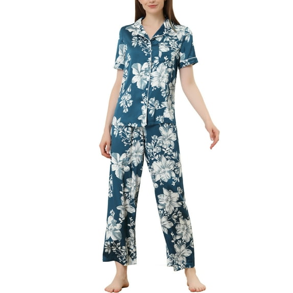 Unique Bargains Women's Pajama Set Silk Short Sleeves and Pants Floral Satin Sets