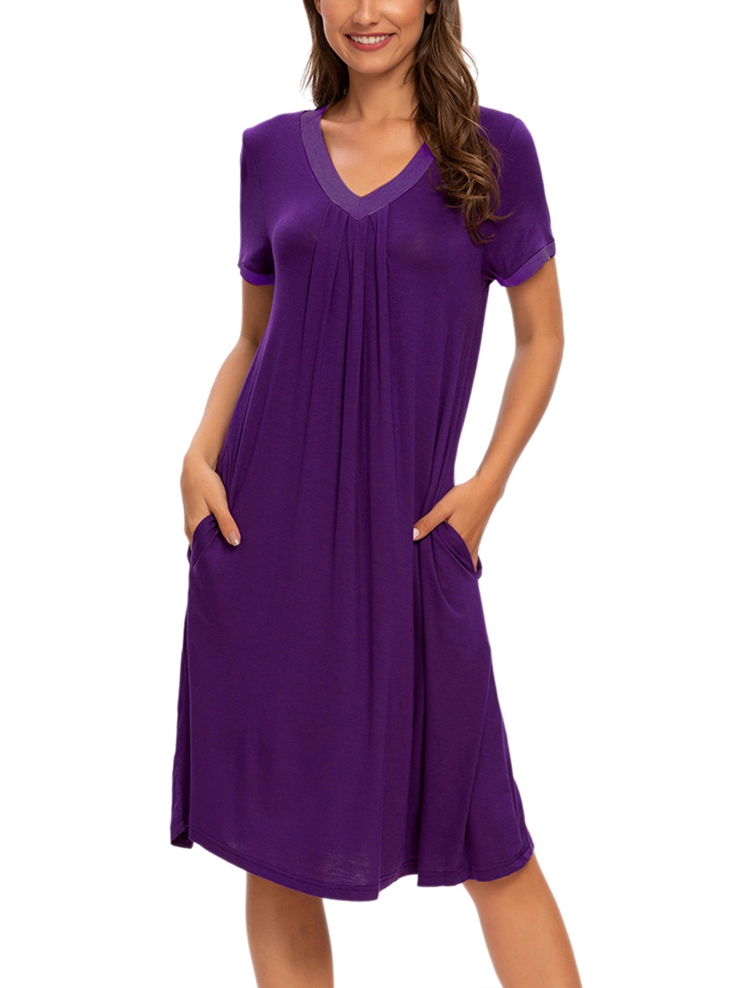 Unique Bargains Women's Pajama V-Neck Nightshirt Sleepwear with Pockets Lounge Nightgown