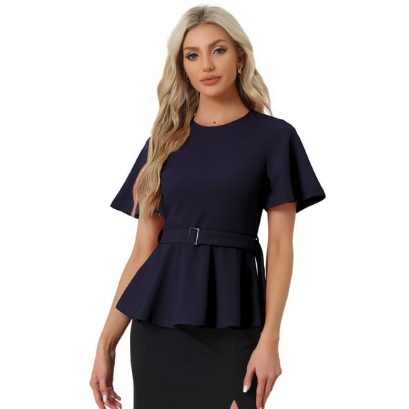 Unique Bargains Women's Peplum Round Neck Bell Sleeve Belted Waist Blouse M Dark Blue