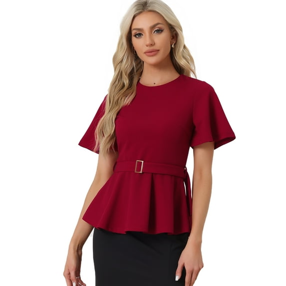 Unique Bargains Women's Peplum Round Neck Bell Sleeve Belted Waist Blouse XL Red