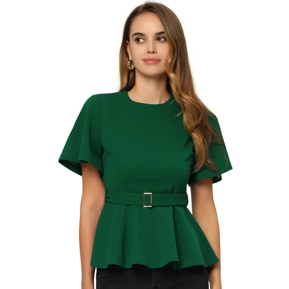 Unique Bargains Women's Peplum Round Neck Bell Sleeve Belted Waist Blouse XS Green