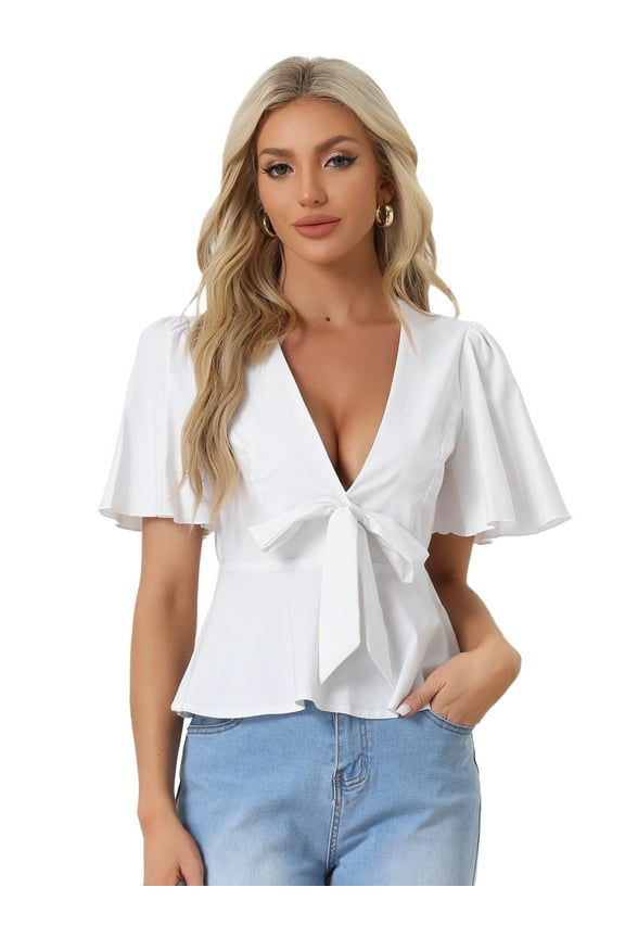 Women's Peplum Ruffle Sleeve Bow Tie Decor Deep V Neck Sexy Blouse Top S White