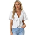 thumbnail image 1 of Unique Bargains Women's Peplum Ruffle Sleeve Bow Tie Decor Deep V Neck Sexy Blouse Top XL White, 1 of 6