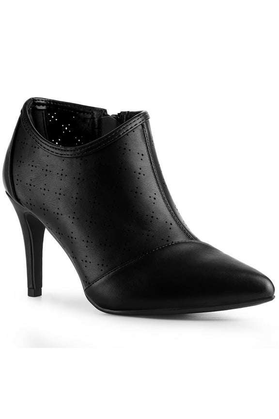 Women's Perforated Pointed Toe Zipper Stiletto Heeled Ankle Boots Black 9.5