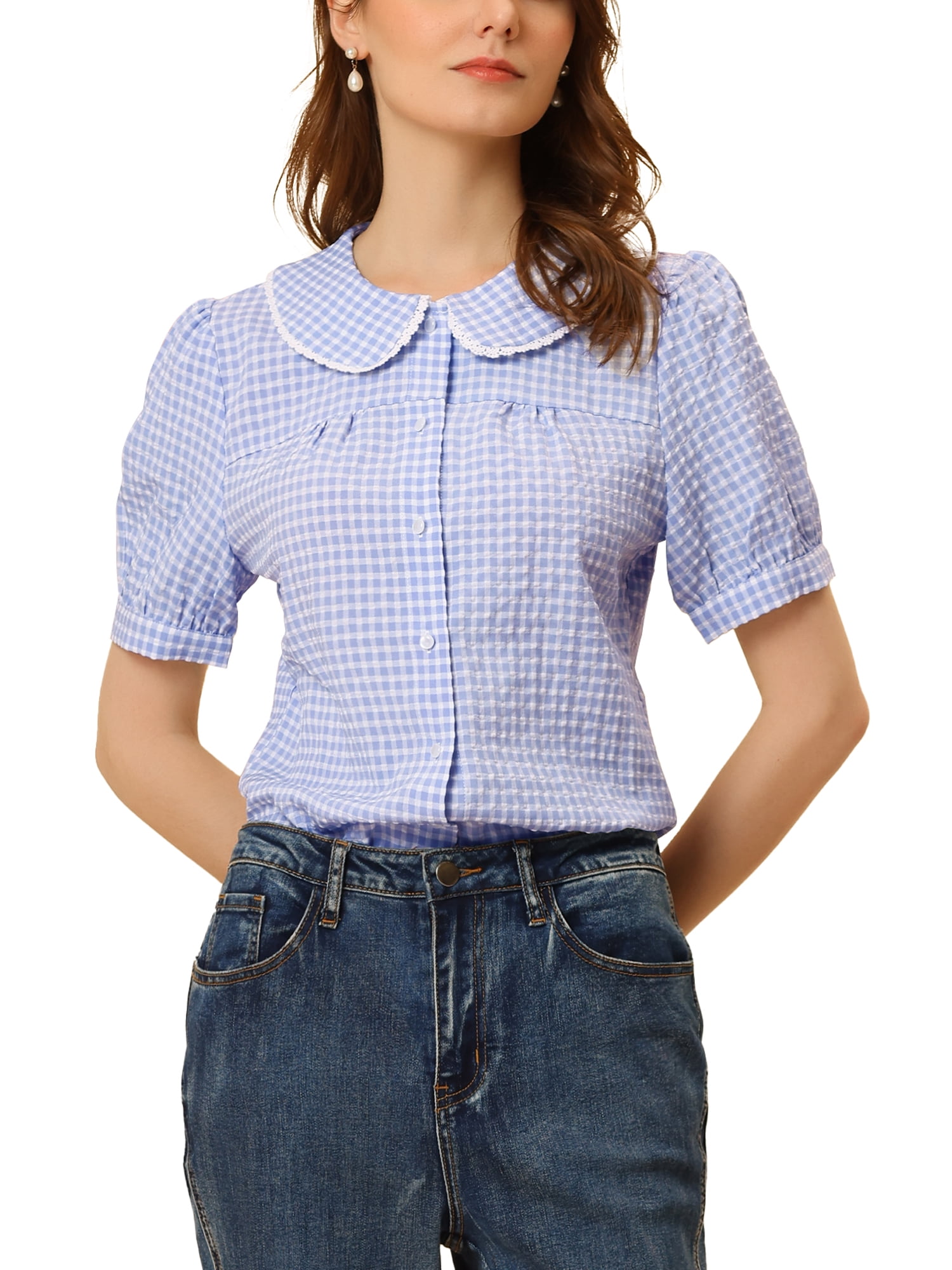 Unique Bargains Women's Peter Pan Collar Blouse Puff Contrast Plaid Shirt  Top 