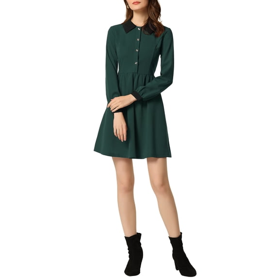 Unique Bargains Women's Peter Pan Collar Contrast Half Placket Swing Short Dress S Dark Green