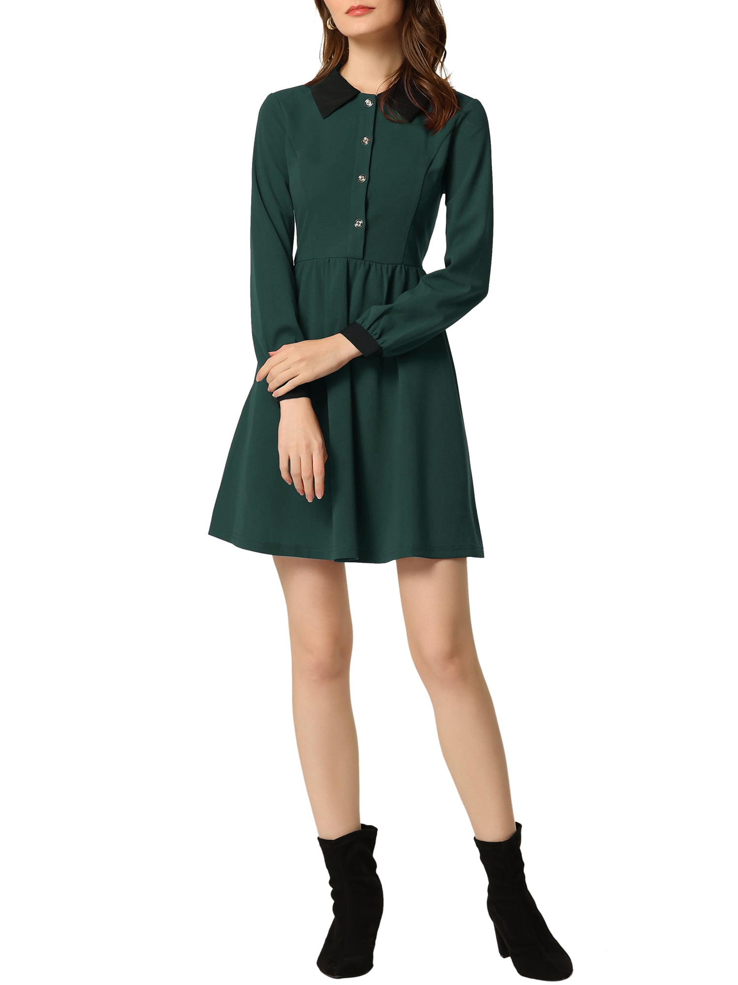Unique Bargains Women's Peter Pan Collar Contrast Half Placket Swing Short Dress XL Dark Green